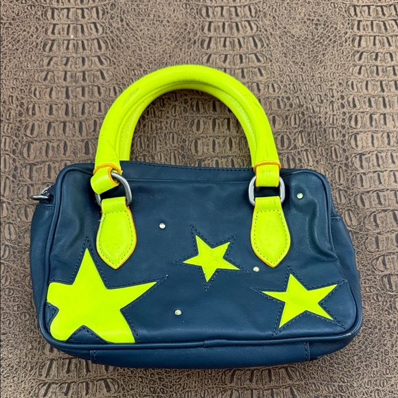 Princess Vera Wang Navy Blue Neon Yellow Star Print Satchel Bag Small Handbag - Picture 1 of 13